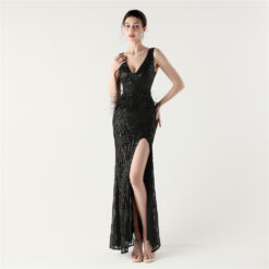Feather decoration sequins sexy slim V-neck evening dress