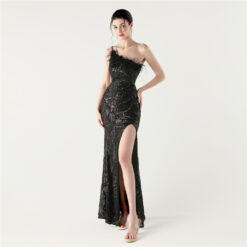 Beading shoulder high split sequins evening dress